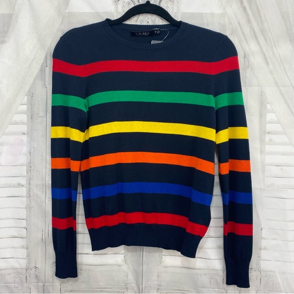 Ralph Lauren Size PS Small Petite Navy Blue Red Green Striped Cotton Sweater NWT - Picture 3 of 12
